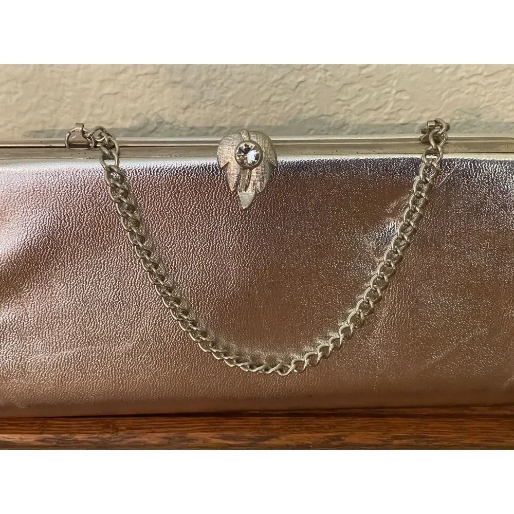 Vintage 60s Silver Metallic Clutch Bag Rhinestone Kiss Lock Leaf Closure Formal